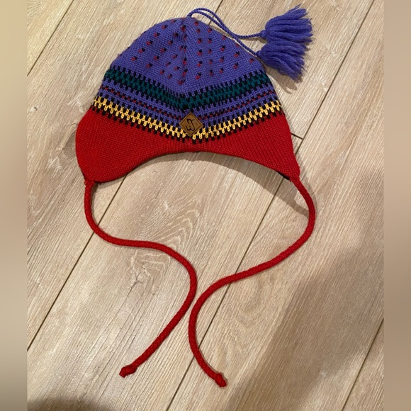 merkley Accessories - Vtg Merkley Wool Hat Knit Blue Red Beanie Cap Ear Flaps Tassels Canada